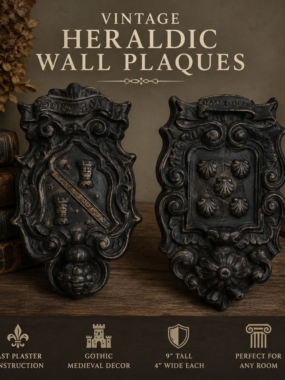 Vintage Heraldic Wall Plaques – Dark Gray Decorative Set